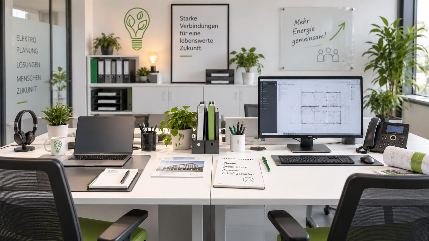 Büroarbeitsplatz von mhe Elektro GmbH mit Elektroplan am Bildschirm, Plänen und Unterlagen