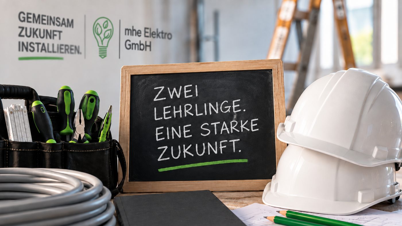Tafel mit der Aufschrift „Zwei Lehrlinge. Eine starke Zukunft.“ neben Werkzeug und Schutzhelmen von mhe Elektro GmbH